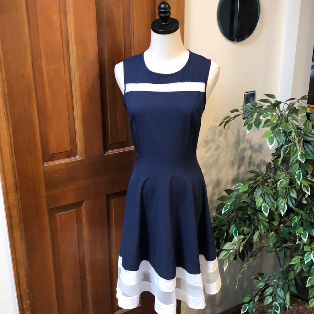 Navy and White Sleeveless Fit-and-Flare Midi Dress